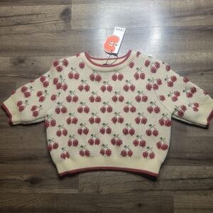 Cider Chunky Knit Cropped Jumper Cherry Pattern Size SMALL Beige Red BNWT